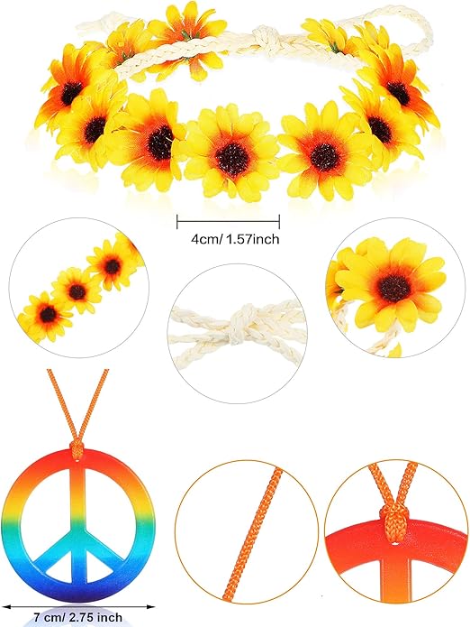 Frienda Hippie Costume Set, Hippie Sunglasses, Peace Sign Necklace and Tie Dye Headband for 60s 70s Accessories
