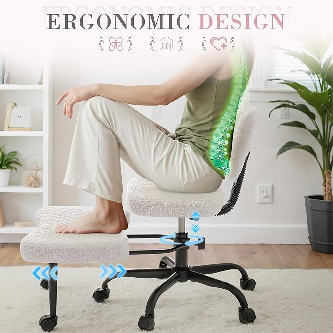 Furmax Ergonomic Criss Cross Legged Office Chair with Wheels, 360°Swivel Adjustable Height Kneeling Desk Chair with Footrest for ADHD, Yoga, Meditation, Home Office (Teddy Fabric, White)