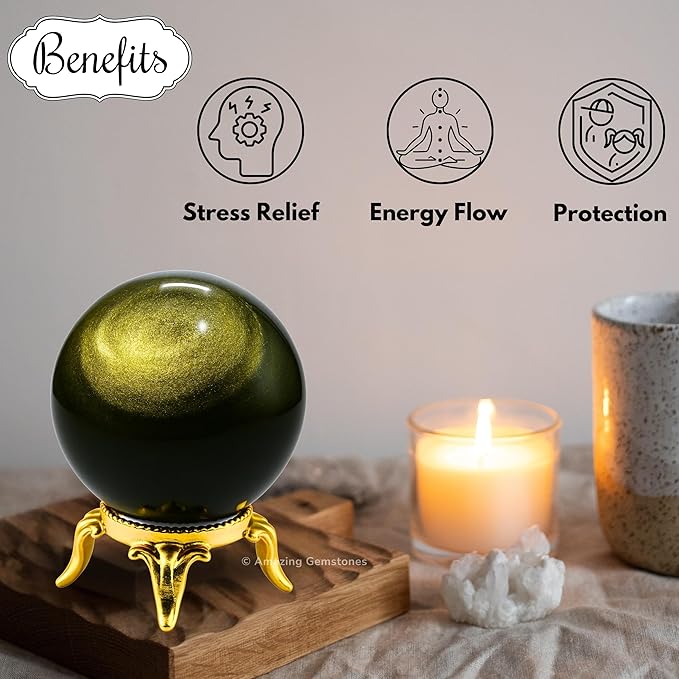 Amazing Gemstone Golden Sheen Obsidian Crystal Ball with Stand - 2 Inches Crystal Sphere Meditation Balls for Witchcraft and Decorative Balls