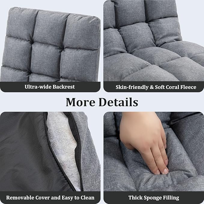 Folding Floor Chair with Back Support, 14 Adjustable Positions, Breathable Padded Sleeper Bed, Couch Recliner, Gaming Sofa Chair for Adults & Kids, Perfect for Meditating, Reading, Living Room (Grey)