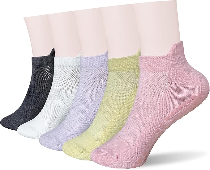 Women's Pilates Grip Socks Seamless Breathable Cotton Yoga Socks Non Slip 5-Pack