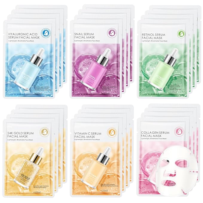 24 Pack Face Masks Skincare for Women, Hydrating & Nourishing Facial Masks for All Skin Types, Gentle Face Masks for Sensitive Skin, Bulk Spa Facial Mask Gift Set