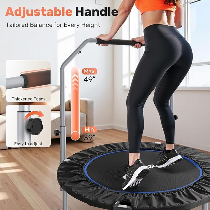 BCAN 40/48" Foldable Mini Trampoline Max Load 330lbs/440lbs, Fitness Rebounder with Adjustable Foam Handle, Exercise Trampoline for Adults Indoor/Garden Workout