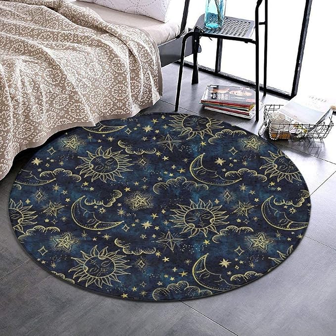 Large Machine Washable Circular Rugs, Home Decor Round Mat for Living Room Sofa Office Compatible with Sun Moon Boho Astrology