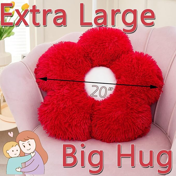 MorroMorn Flower Pillow Shaped Throw Pillows, 20" Floor Pillow Butt Cushion - Fluffy Shaggy Daisy Floral Decorative Pillows for Bed Couch Sofa Chair Cute Plush Faux Fur Room Decor (Red)