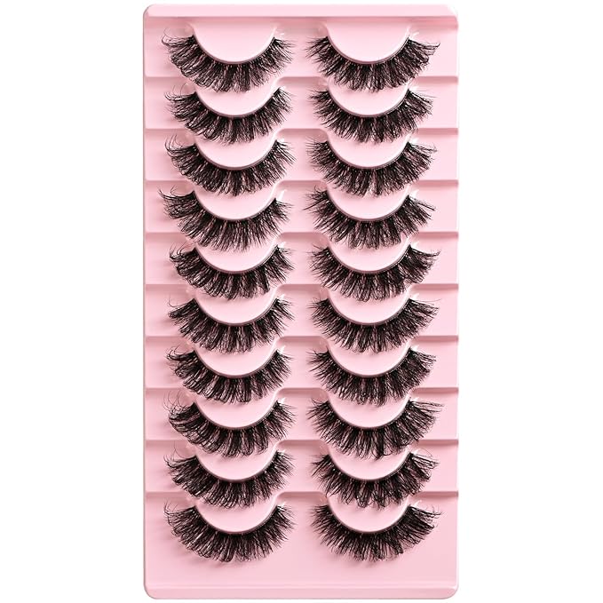 Lashes False Wispy Eyelashes Natural Cat Eye Lash Strips 10 Pairs Fake Mink Eyelash Pack Natural Look Fluffy Strip Lashes Set Clear Band Easy Eyelashes for Beginners with Cluster Looking