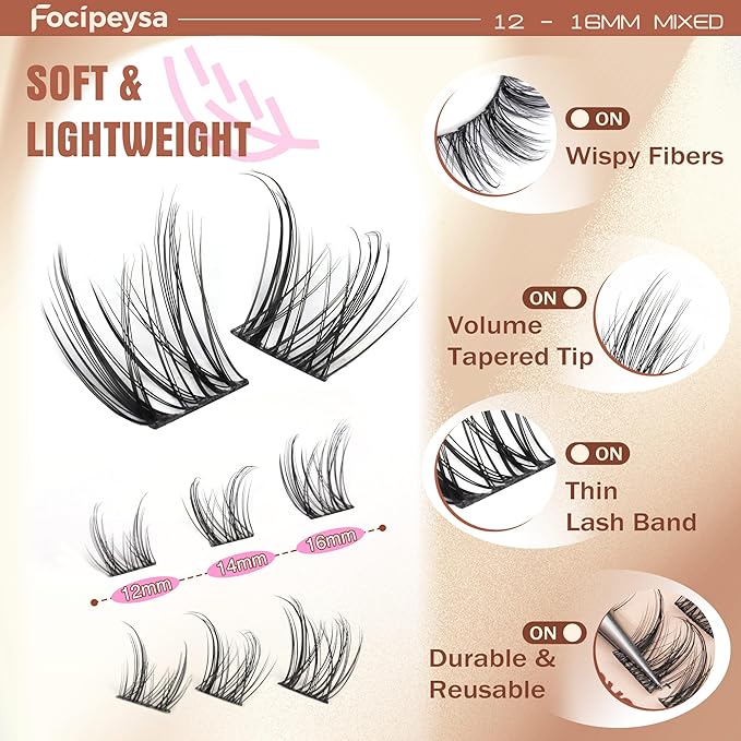 Focipeysa Fairy Eyelash Extension Kit with Lash Bond Seal Wispy Lash Clusters Kit Natural Look Lash Extensions 10-16mm Clusters Eyelashes Extensions Wispy Lash DIY Salon Effect Lash Extension