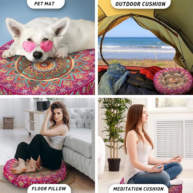 Mandala Meditation Cushion, Boho Meditation Mat, Meditation Pillows for Sitting on Floor, Cushions for Sitting in Home and Outdoor, Round Floor Pillows Cushion Seating for Yoga 22'' X 22''