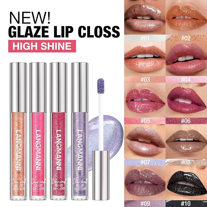LANGMANNI 2 Colors Diamond Glitter Lip Gloss Set,Long Lasting High Shine Shimmer Liquid Lipstick Set,Hydrating,Moisturizing Lip Gloss Kit Gift Makeup For Girls(#09+10)