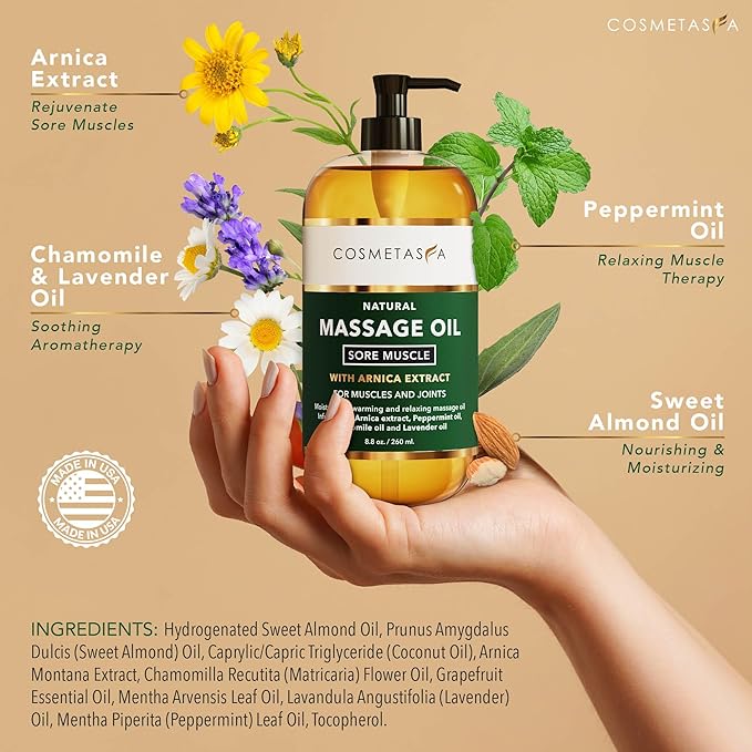 Cosmetasa Spa Gift Set for Women & Men - Relaxation Lavender Massage Oil, Citrus Coconut Oil, Arnica Sore Muscle Massage Oil with Hot Stones, Roller Ball and Thumb Saver Massage Tools