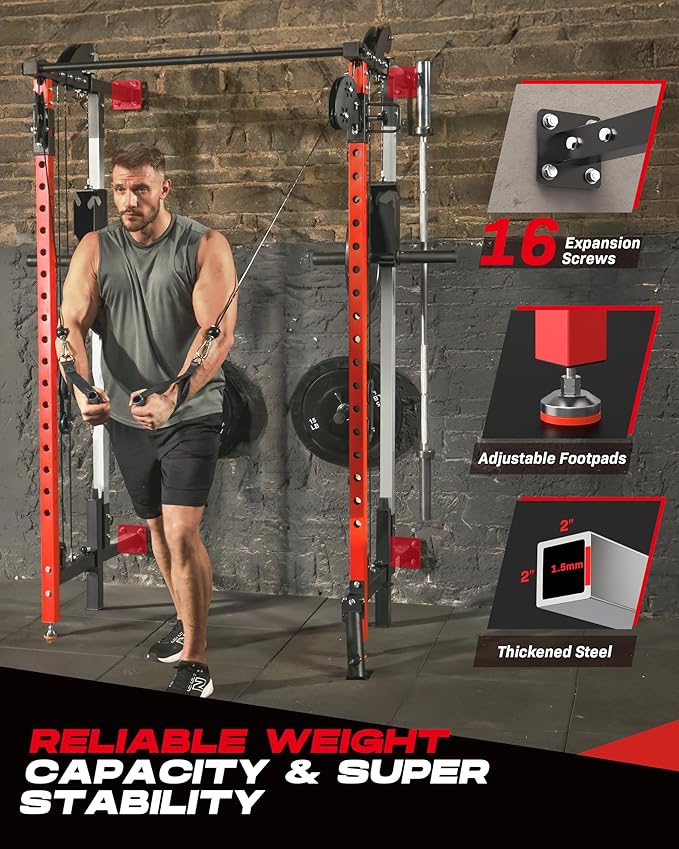 Folding Power Rack, Wall Mounted Squat Rack with Dual Independent Pulley System, Multi-Function Power Cage with 5 Adjustable Function Modes, Power Rack Trainer for Space Saving Home Gym