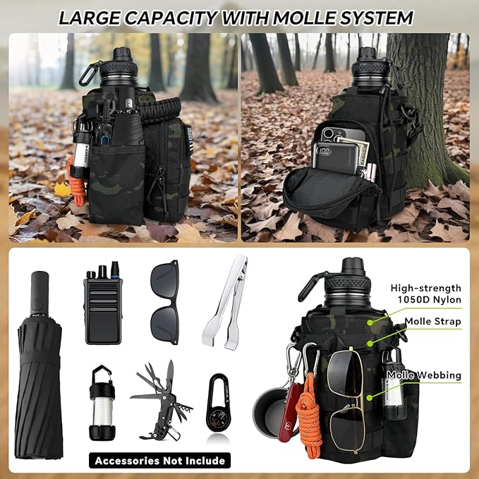 Half Gallon Water Bottle Insulated with Sleeve-64 oz Stainless Steel Water Jug with MOLLE Pouch for Gym Workout Hiking Black Camo