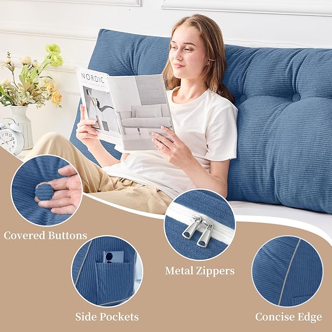 Sasttie Headboard Pillow Full, Wedge Pillow Headboard for Sitting Up in Bed, Back-Rest Support Triangular Cushion for Reading - Features Removable Washable Cover, Blue