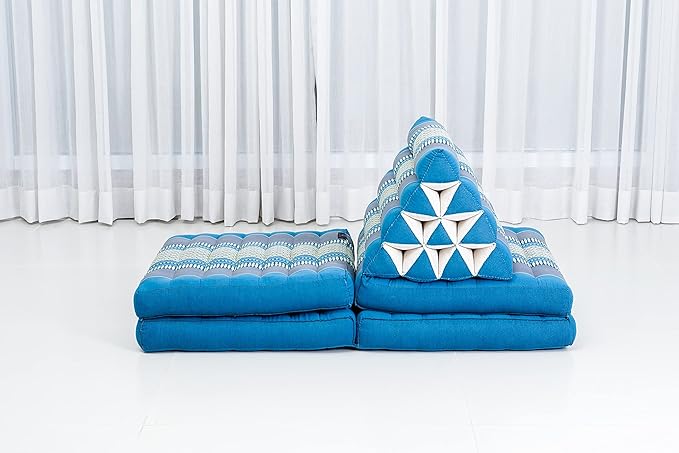 Leewadee Comfortable Japanese Floor Mattress - Thai Floor Bed with Triangle Cushion - Futon Mattress - XL Extra Long Thai Massage Mat, 89 x 20 inches, Light Blue, Kapok Filling