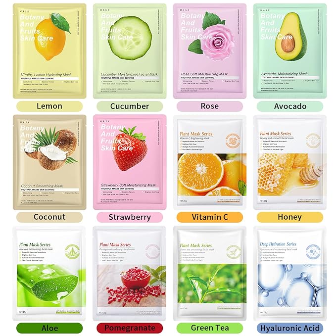 12 Pack Variety Face Masks Skincare for Women Sheet Face Mask for Kids Teens Girls, Hydrating Face Masks for All Skin Types, Bulk Face Mask Set Birthday Spa Party Gift for Kids Teens Girls Women