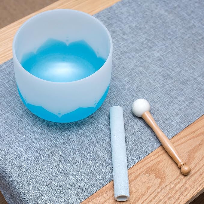 Leize Blue Lotus Design Quartz Crystal Singing Bowl G Note Throat Chakra Blue 10" with Heavy Duty Carrying Case Suede Striker