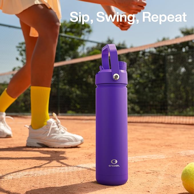 Insulated Water Bottle with Straw - Encool Stainless Steel Water Bottle, Leak-Proof, BPA-Free, Double Wall Vacuum Keeps Cold for 24 Hours for Sports, Travel, School (18 oz, Violet)