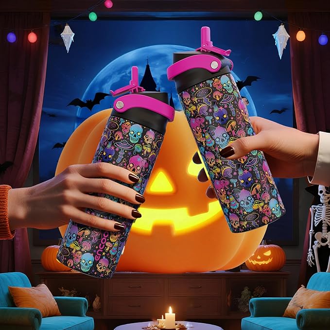 Halloween Gothic Water Bottle with Straw, Stainless Steel Insulated Water Bottle,Leak Proof, One-Touch Flip Lid, BPA Free, Holiday Gifts For Women Men, 24oz, Trippy Skulls