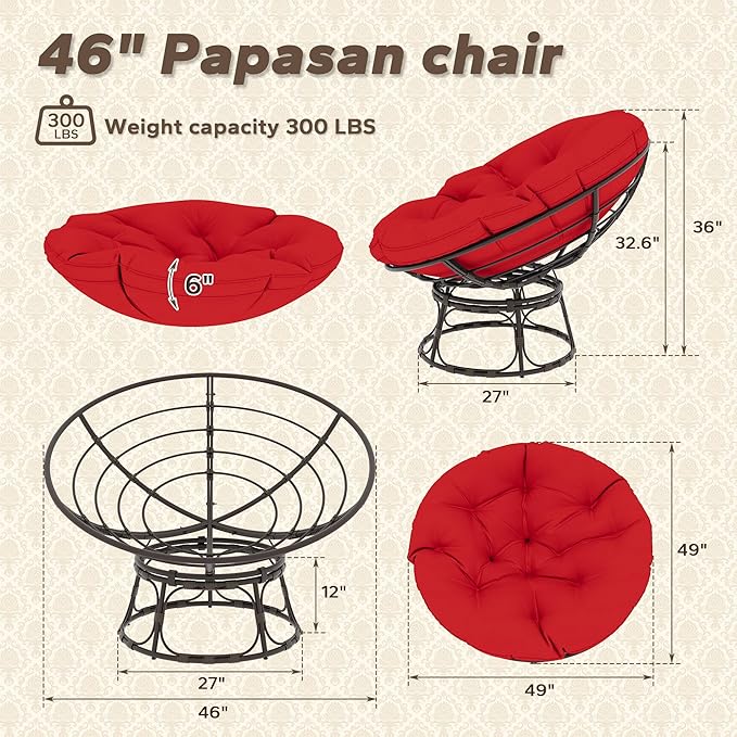 46'' Large Size Papasan Chair with Cushion and Frame, Lazy Chair for Reading, Living Room, Bedroom, Red