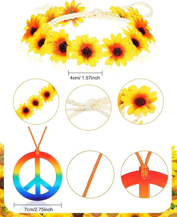 Frienda Hippie Costume Set, Hippie Sunglasses, Peace Sign Necklace and Tie Dye Headband for 60s 70s Accessories
