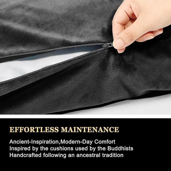Meditation Zafu Cushion Set with Buckwheat Hulls & Memory Foam - Ergonomic Support for Yoga & Sitting - Removable Machine-Washable Luxury Velvet Cover - for Adults and Kids (Black(COVER ONLY))