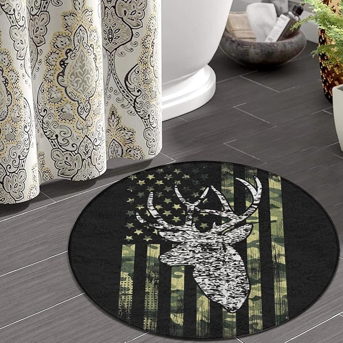 Large Home Decor Mat, Soft Round Yoga Carpet, Non-Slip Machine Washable Kitchen Office Circle Rug Compatible with Deer Camo Camouflage American Flag Hunting Black