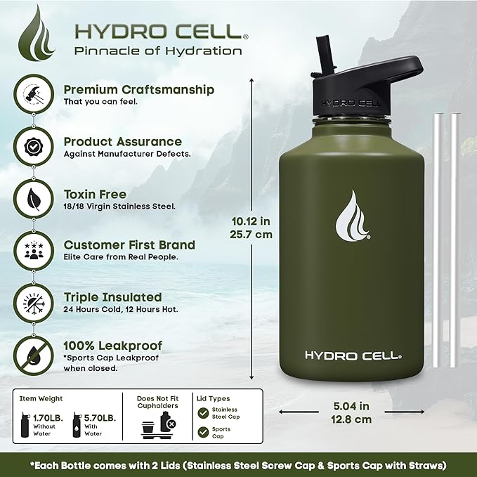 HYDRO CELL Stainless Steel Insulated Water Bottle with Straw - For Cold & Hot Drinks - Metal Vacuum Flask with Screw Cap and Modern Leakproof Sport Thermos for Adults (Army 64oz)