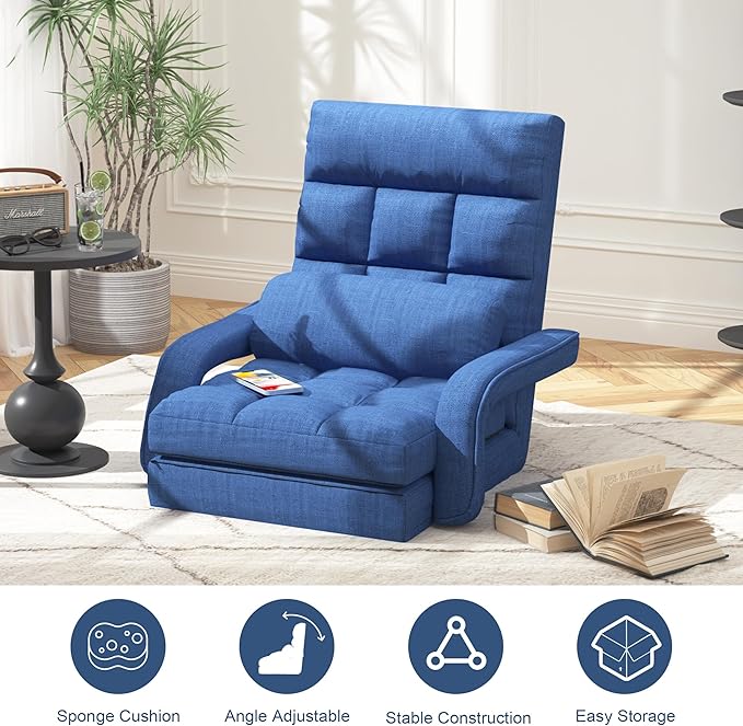 Floor Gaming Chair, 6 Adjustable Position Comfy Chair with Back Support, Ergonomic Chaise Lounge Chair, Meditation Chair with Armrest for Living Room, Bedroom, Blue