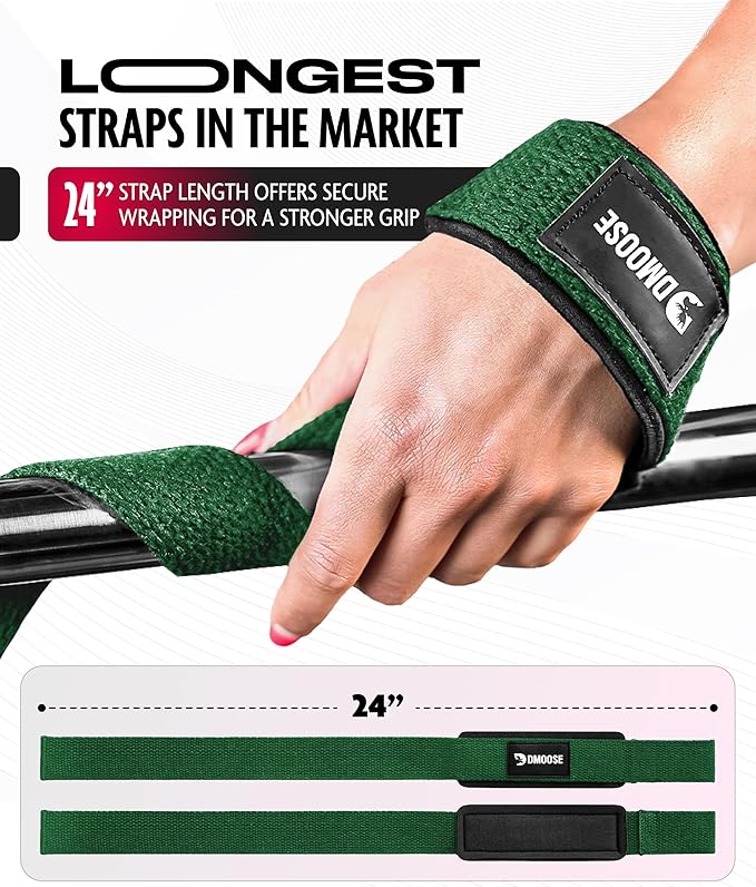 DMoose Fitness Lifting Straps 24" (Pair) - 5mm Padded Durable Wrist Straps for Weightlifting & Powerlifting - Cotton Lifting Strap with Silicone Grip for Men & Women - Deadlift Strap for Gym Workout
