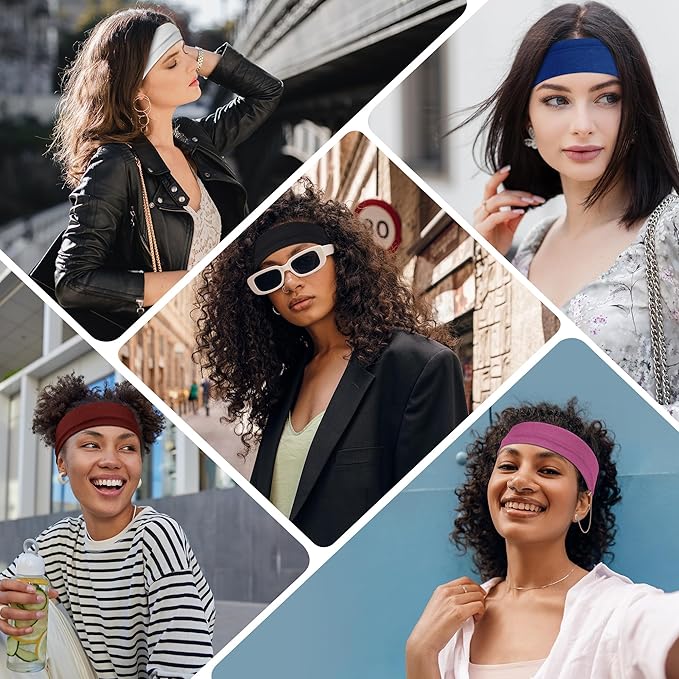16Pcs Headbands for Women Non Slip - Stylish Sports Hair Bands for Women's Hair - Soft Cotton Cloth Stretchy Headbands for Women for Yoga, Outdoor Exercise Running