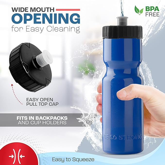 50 Strong Bulk Water Bottles | 24 Pack Sports Bottle | 22 oz. BPA-Free Easy Open with Pull Top Cap | Made in USA | Reusable Plastic Water Bottles for Adults & Kids | Top Rack Dishwasher Safe
