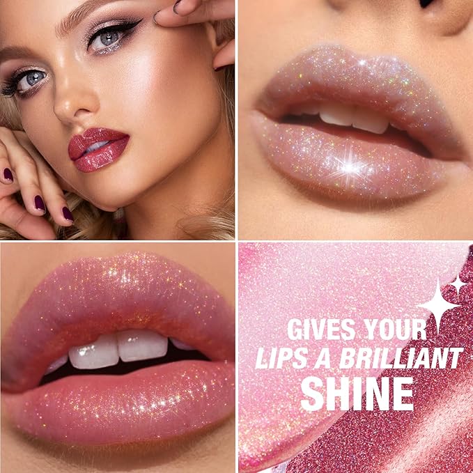 LANGMANNI 6 Colors Diamond Glitter Lip Gloss Set,Long Lasting High Shine Shimmer Liquid Lipstick Set,Hydrating,Moisturizing Lip Gloss Kit Gift Makeup For Girls(#01+02+03+04+05+06)