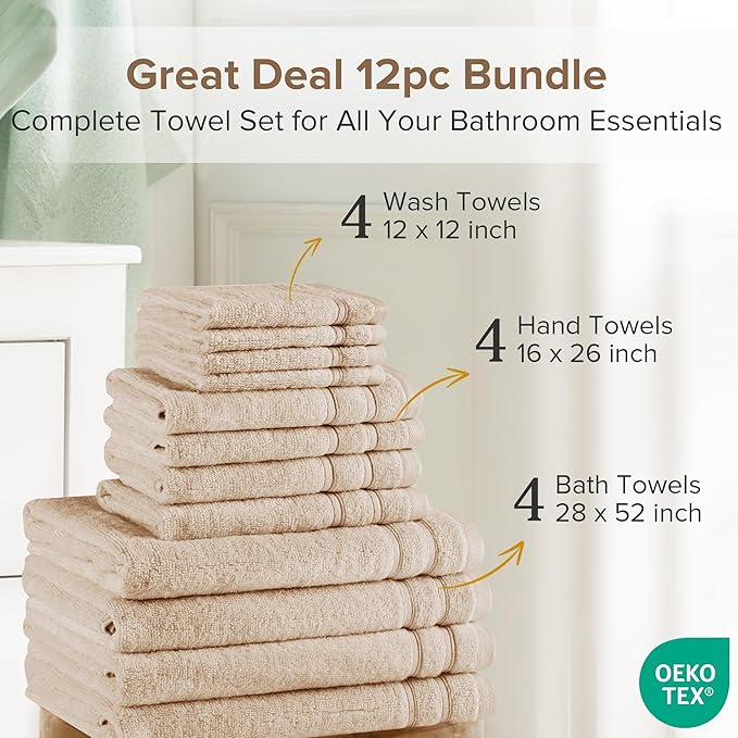 Comfort Spaces 12-Piece Luxury Bath Towel Set - 4 Large, 4 Hand, 4 Washcloth, 100% Cotton, Quick Dry, Zero Twist, Soft, Lightweight - Beige Tan