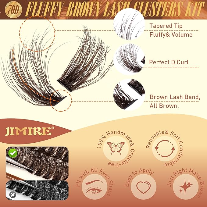 JIMIRE Brown Lash Extension Kit Natural Look Wispy Brown Lash Clusters Individual Lashes with Lash Bond and Seal Wsipy D Curl 10-18MM DIY Eyelash Extension Kit Fluffy Brown Cluster Lashes 180Pcs