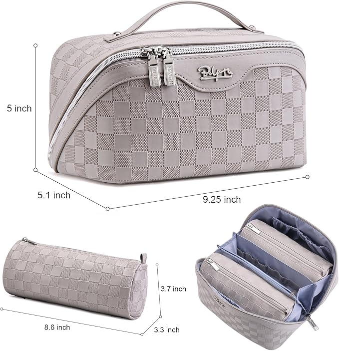 BOYATU Travel Makeup Bag Organizer Cosmetic Bag: 3 Pcs Set Make up Bags for Women with Handle - Waterproof Vegan Leather Toiletry Bags Travel Essentials Pouch with Compartments (C-13-Gray)