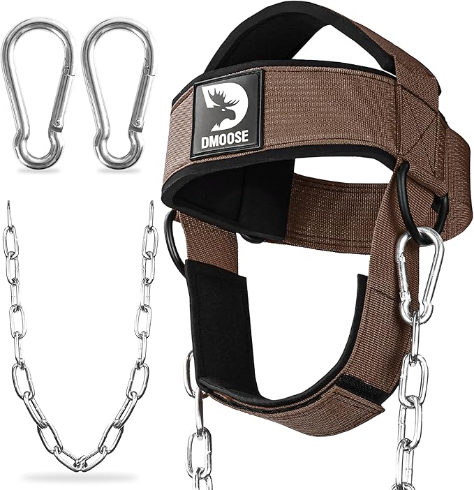 DMoose Fitness Neck Harness for Weight Lifting - Soft Padded Head & Chin Strap with 30" Heavy Duty Steel Chain - Neck Exerciser, Trainer & Strengthener to Support Injury Recovery and Intense Workouts