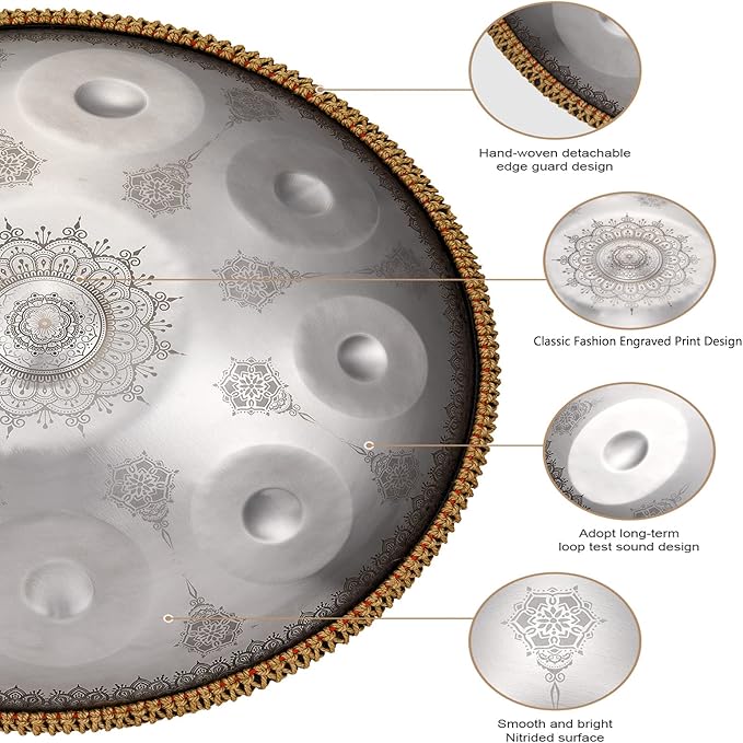 Handpan-Premium 432HZ 22 Inches 10 Notes D Minor Steel Hand Pan Drum Set,Silver Print Adults Handpan Drum