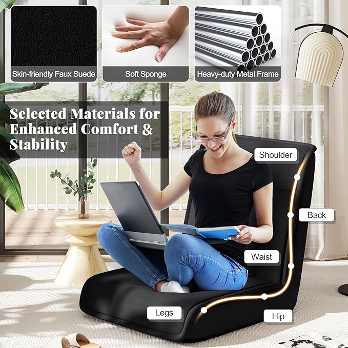 COSTWAY Folding Floor Chair, Convertible Lazy Sofa with 14-Poistion Adjustable Backrest, 5-Position Adjustable Headrest, Cushioned Floor Gaming Chair for Adults, Reading, Meditating (Black)