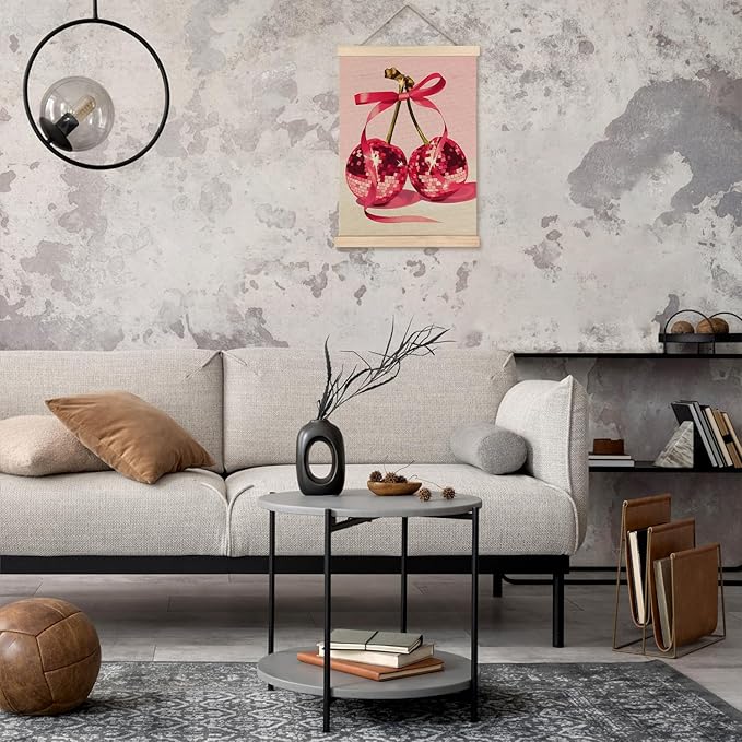 Funky Y2K Red Ribbon Cherry Disco Ball Wall Art, Y2K Room Decor, Disco Ball Room Decor, Preppy Room Decor, Trendy Retro Aesthetic Canvas Wall Art Poster Hanger Frame, 12x16 Inches