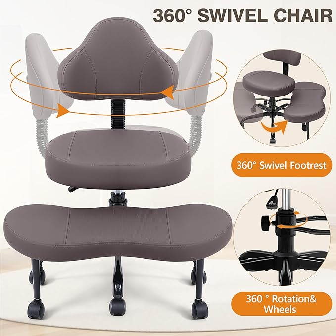 Cross Legged Office Chair, Criss Cross Desk Chair ADHD Meditation Kneeling Yoga Seat with Adjustable Height, Lumbar Support, Wider Footrest and Wheels (Dark Brown)