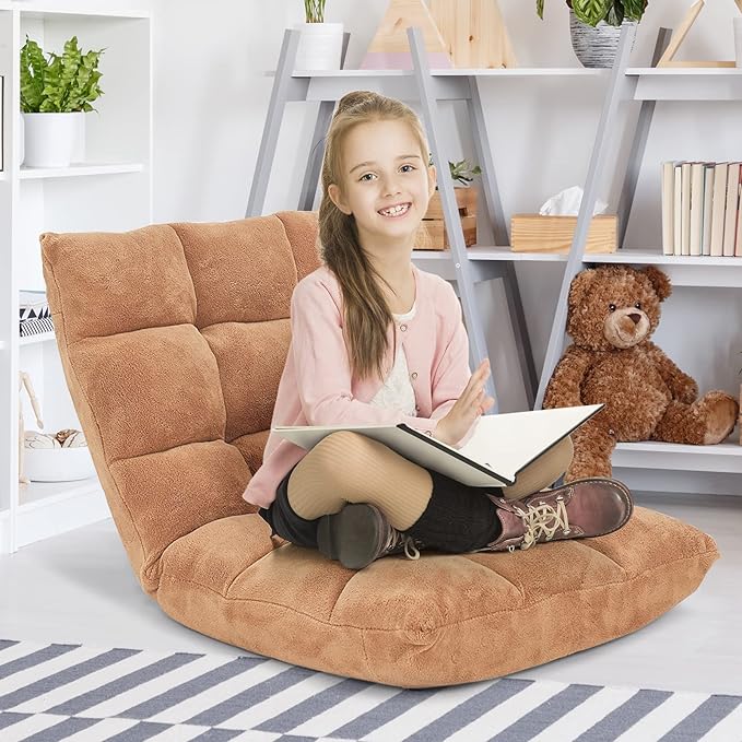 Giantex Folding Floor Chair with Back Support, 14 Adjustable Position, Padded Sleeper Bed, Couch Recliner, Gaming Floor Chairs for Adults, Meditation, Living Room (TAN)