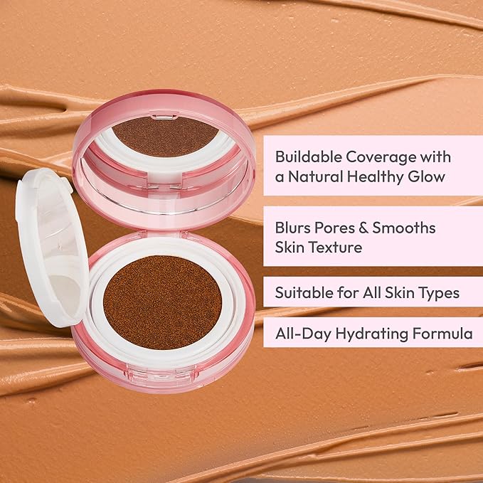 Ruby Kisses Cushion Foundation, Full Coverage Korean Makeup, Lightweight & Long Lasting, All Day Natural Glowy Finish for All Skin Types with Hyaluronic Acid & Bakuchiol (Cappuccino, 0.52 Ounce)