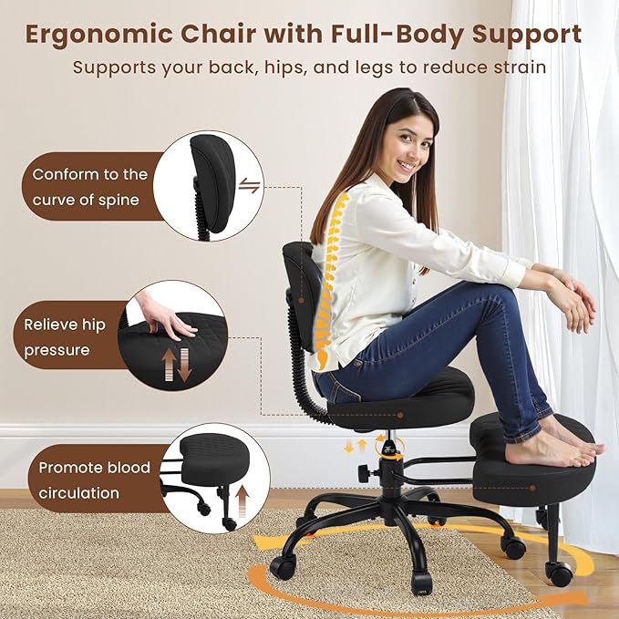Cross Legged Office Chair with Wheels, Wide Criss Cross Kneeling Home Office Desk Chairs with Back Support, Ergonomic Adjustable Height ADHD Stool with Rotating Footrest for Yoga Meditation