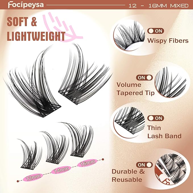 Focipeysa Wispy Lash Clusters Fairy Lashes 12-16mm Eyelashes Clusters Natural Look Lashes Extensions Salon Effect Individual Eyelash Extensions DIY Lash Extension at Home