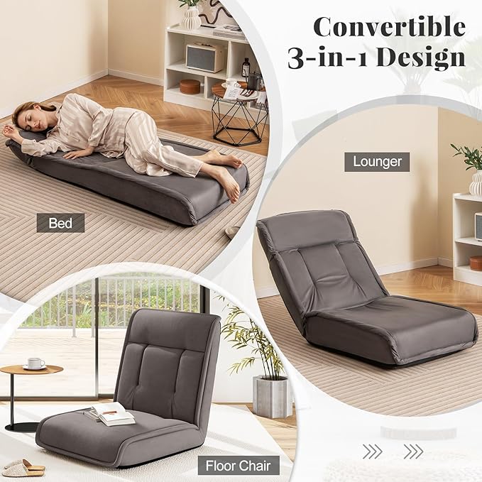 COSTWAY Folding Floor Chair, Convertible Lazy Sofa Chair with 14-Poistion Adjustable Backrest, 5-Position Adjustable Headrest, Cushioned Floor Gaming Chair for Adults, Reading, Meditating (Grey)