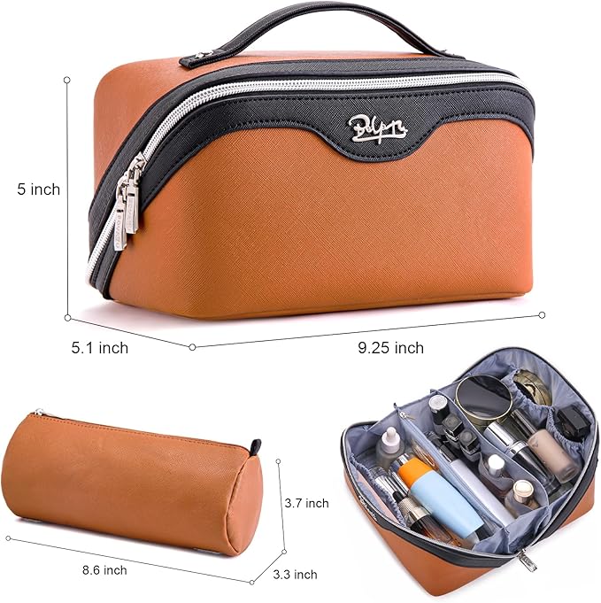 BOYATU Travel Makeup Bag Organizer Cosmetic Bag: 3 Pcs Set Make up Bags for Women with Handle - Waterproof Vegan Leather Toiletry Bags Travel Essentials Pouch with Compartments (G-04-Orange)