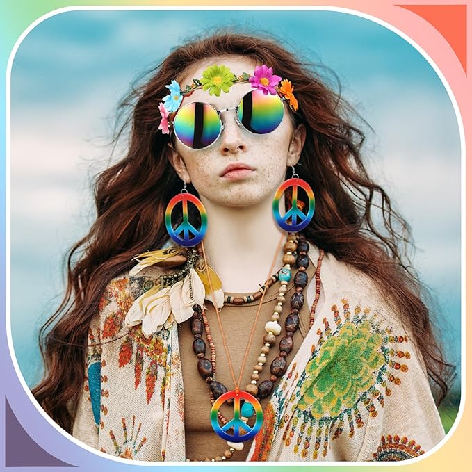 Batiyeer 6 Pcs Hippie Costume Accessories Set, Boho Peace Sign Daisy Flower 60s 70s Party Favors Decor for Groovy Party Women