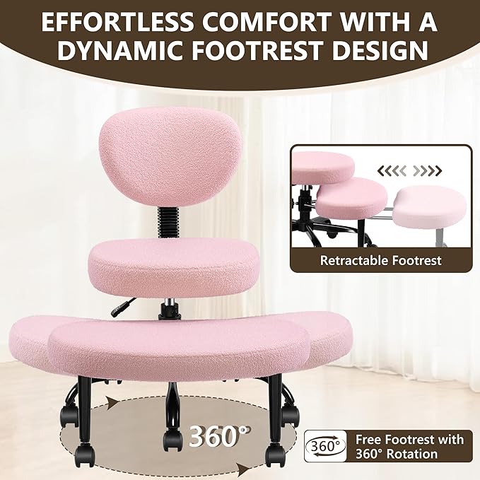 Ergonomic Cross Legged Office Chair with Wheels - Adjustable Height for Meditation, ADHD Desk & Yoga - Wide Criss Cross Design with Lumbar Support, Kneeling Chair - Pink