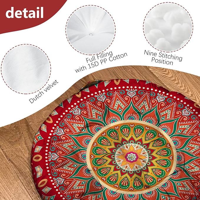 Mandala Meditation Cushion, Boho Meditation Mat, Meditation Pillows for Sitting on Floor, Cushions for Sitting in Home and Outdoor, Round Floor Pillows Cushion Seating for Yoga 22'' X 22''