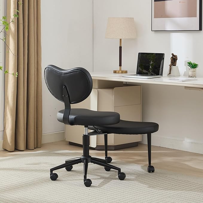Cross-Legged Meditation Chair with Wheels, Adjustable Desk Chair for Home Office, Ergonomic Floor Seat for ADHD & Yoga, Criss Cross Chair with Lumbar Support, Memory Foam Cushion (Black-PU Leather)
